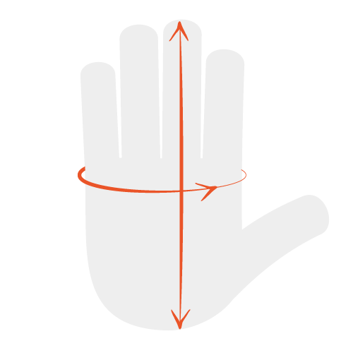 Diagram: measure your hand horizontally across and vertically from the bottom of your hand to the top of your middle finger.